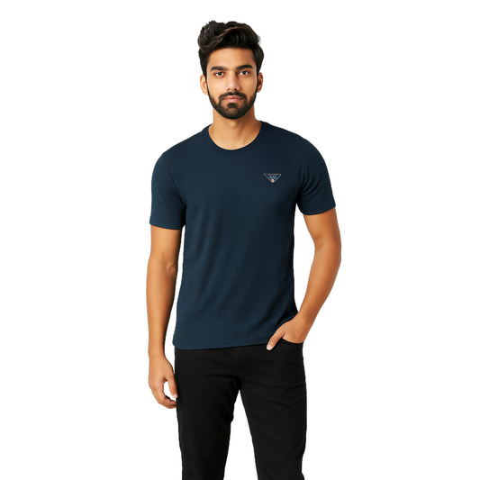 Men's Blue Designed T-Shirt Without Collar – Classic Fit.