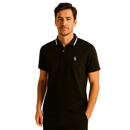 Men's Classic Black Polo T-Shirt – Slim Fit & Striped Collar