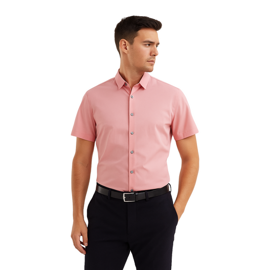 Men’s Pink Solid Formal Shirt – Short Sleeve Cotton Shirt for Office & Smart Casual
