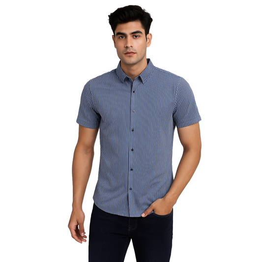 Men’s Navy Blue Striped Casual Shirt – Smart Short Sleeve Cotton Shirt