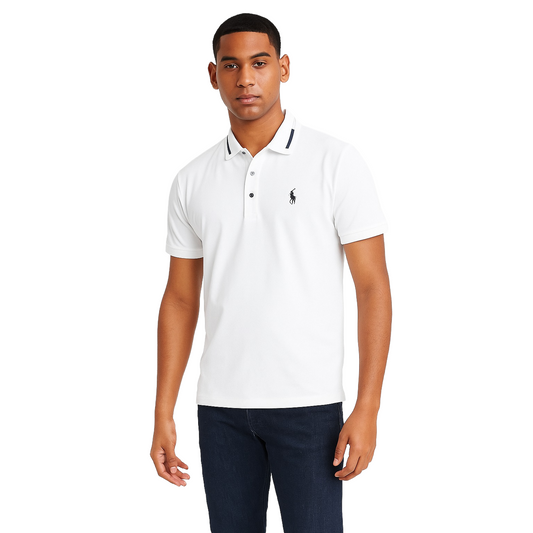 Men's Classic White Polo T-Shirt – Slim Fit & Striped Collar