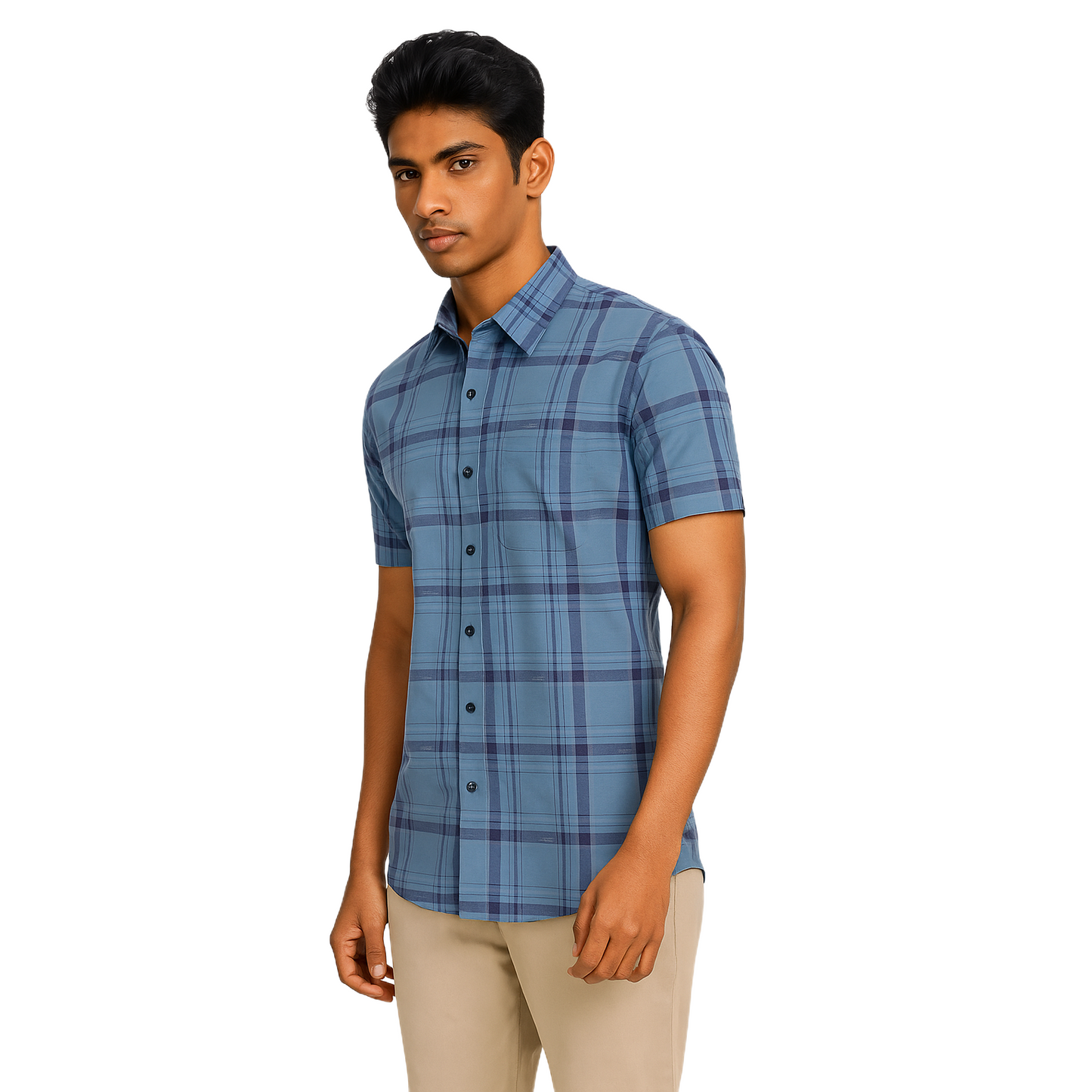Men's Blue Checkered Short Sleeve Casual Shirt – Modern Fit.