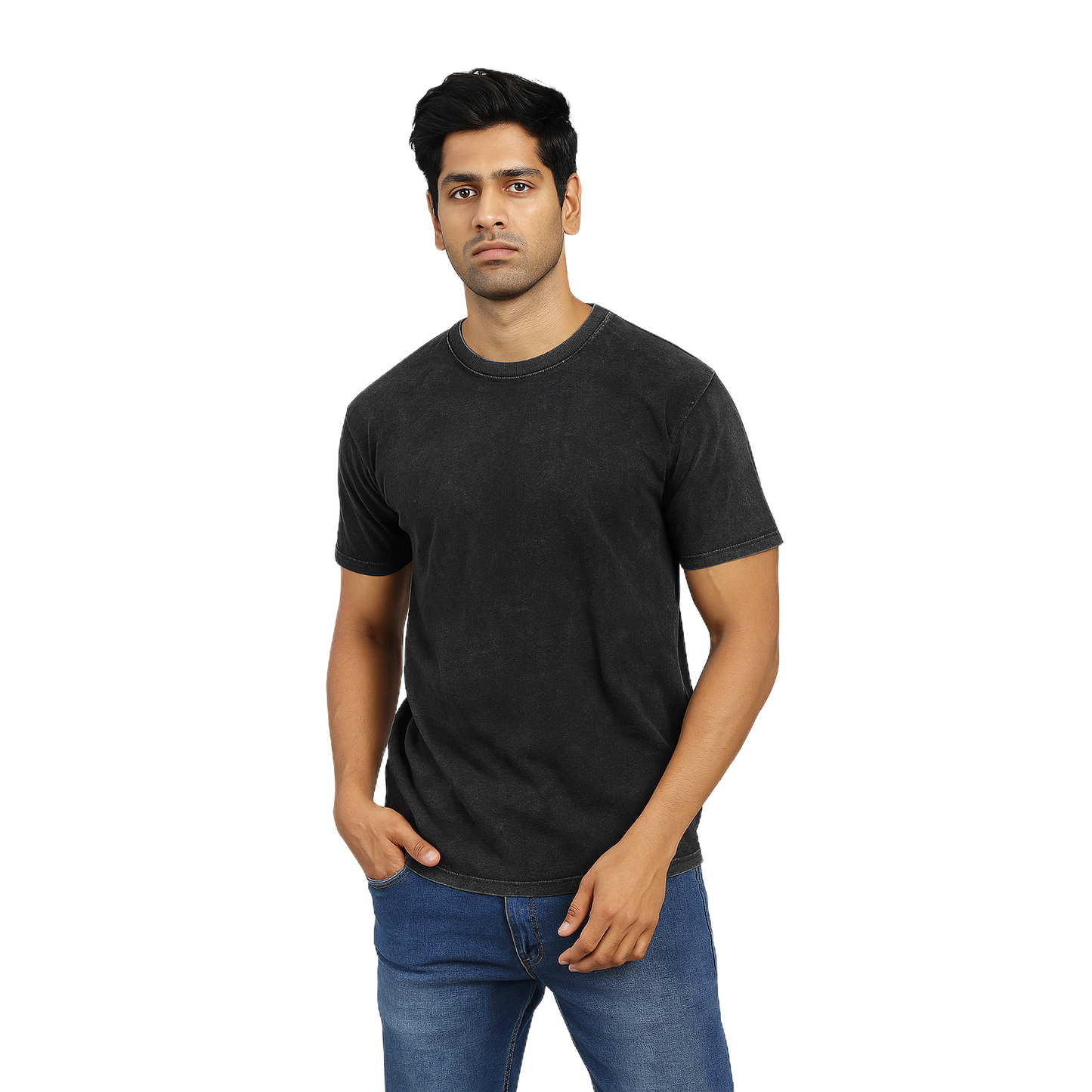 Men's Black Plain Oversized Downshoulder T-Shirt Without Collar – Classic Fit.