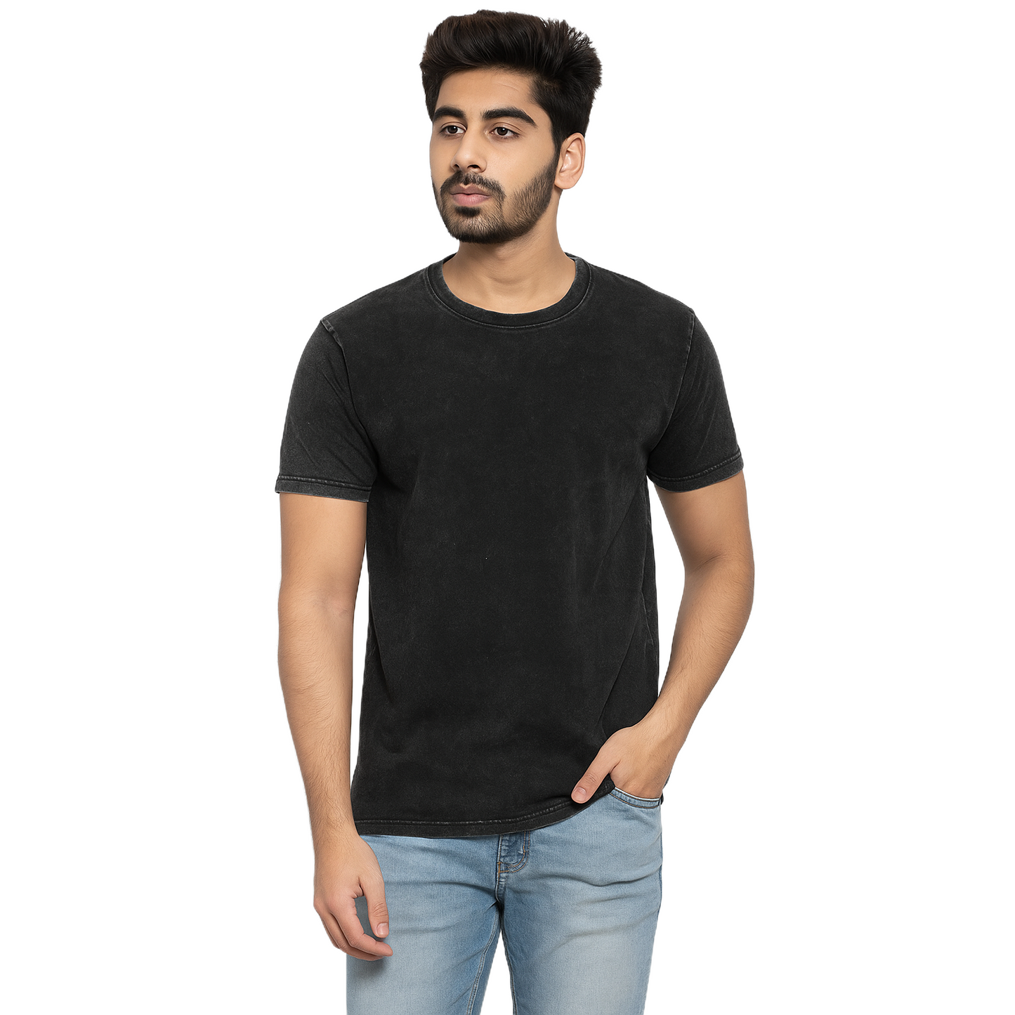 Men's Black Plain Oversized Downshoulder T-Shirt Without Collar – Classic Fit.