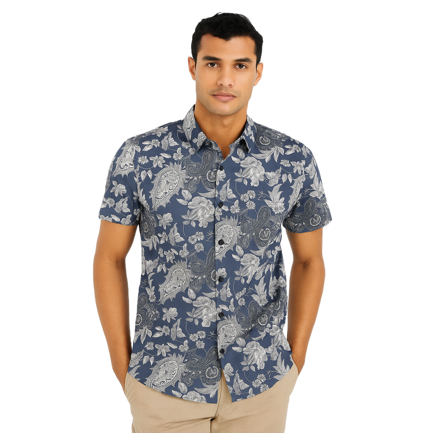 Men's Blue Flower Designed Short Sleeve Shirt – Slim Fit, Casual Wear.