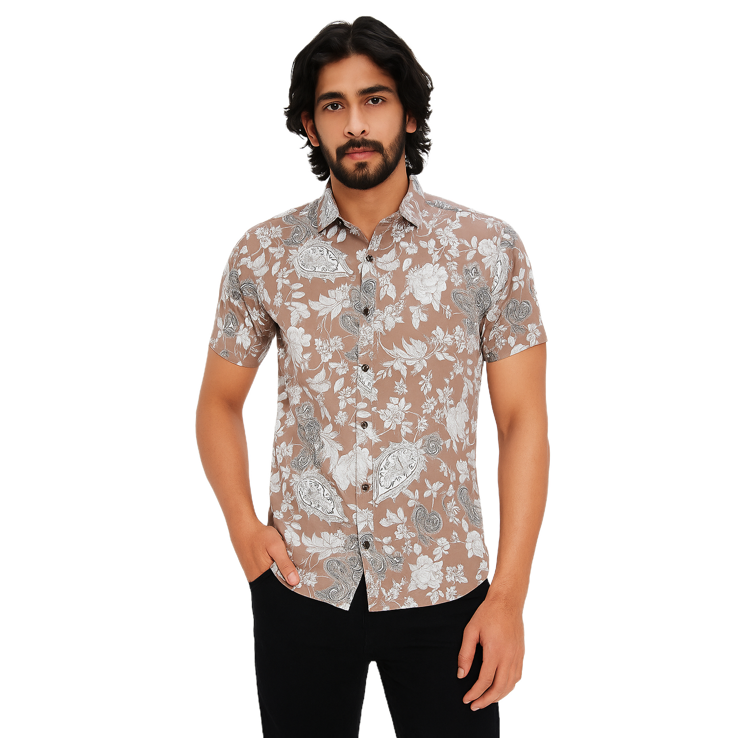 Men's Brown Flowered Designed Short Sleeve Shirt – Slim Fit, Casual Wear.