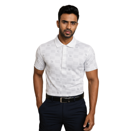 Men' White DIO Designed T-Shirt With Collar – Classic Fit.