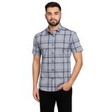 Men's Grey Checkered Short Sleeve Shirt – Slim Fit, Casual Wear.