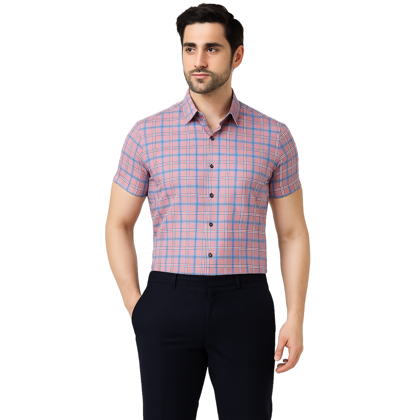 Men’s Slim Fit Short Sleeve Checkered Shirt – Pink & Blue Plaid Button.