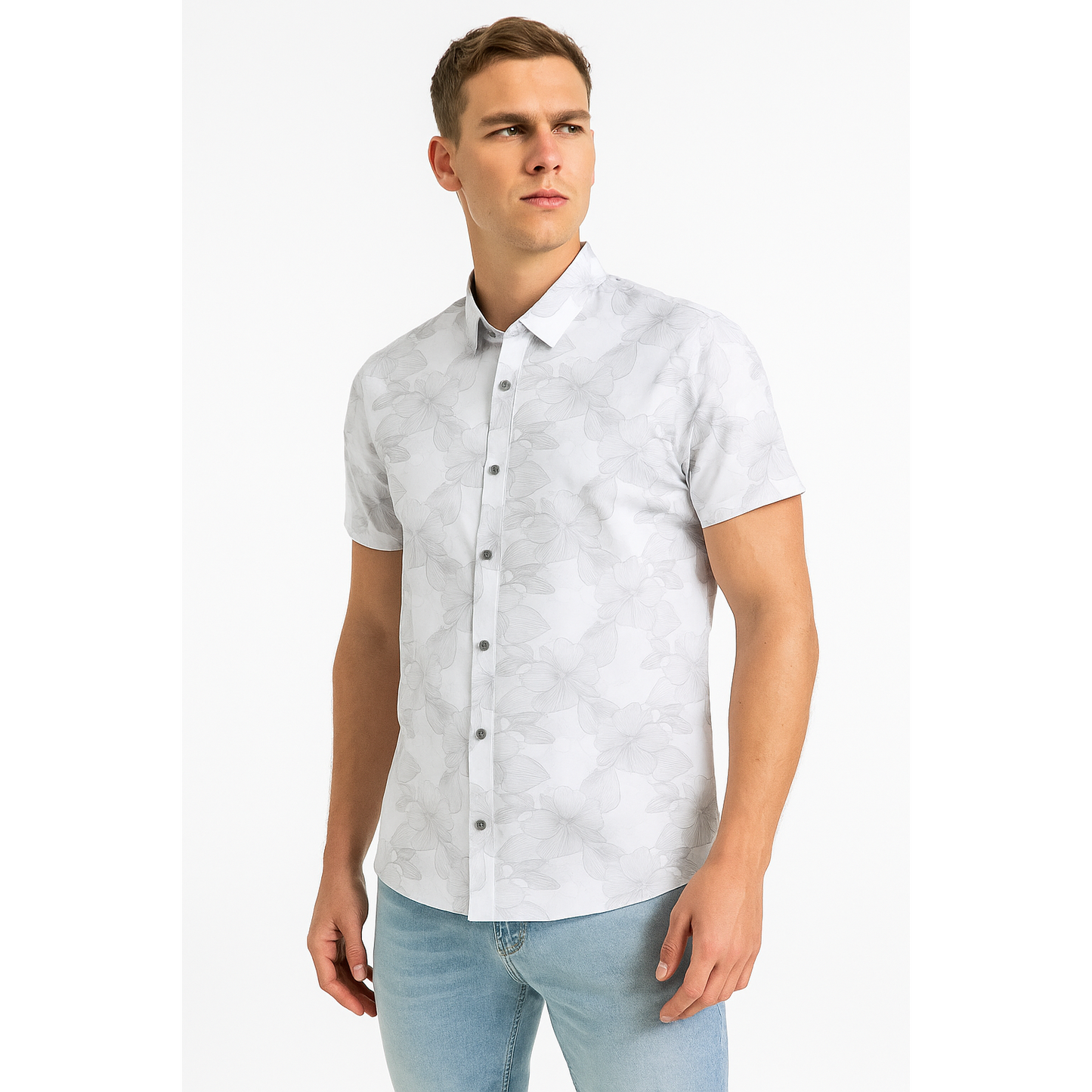 Men's White Flowered Designed Short Sleeve Shirt – Slim Fit, Casual Wear.