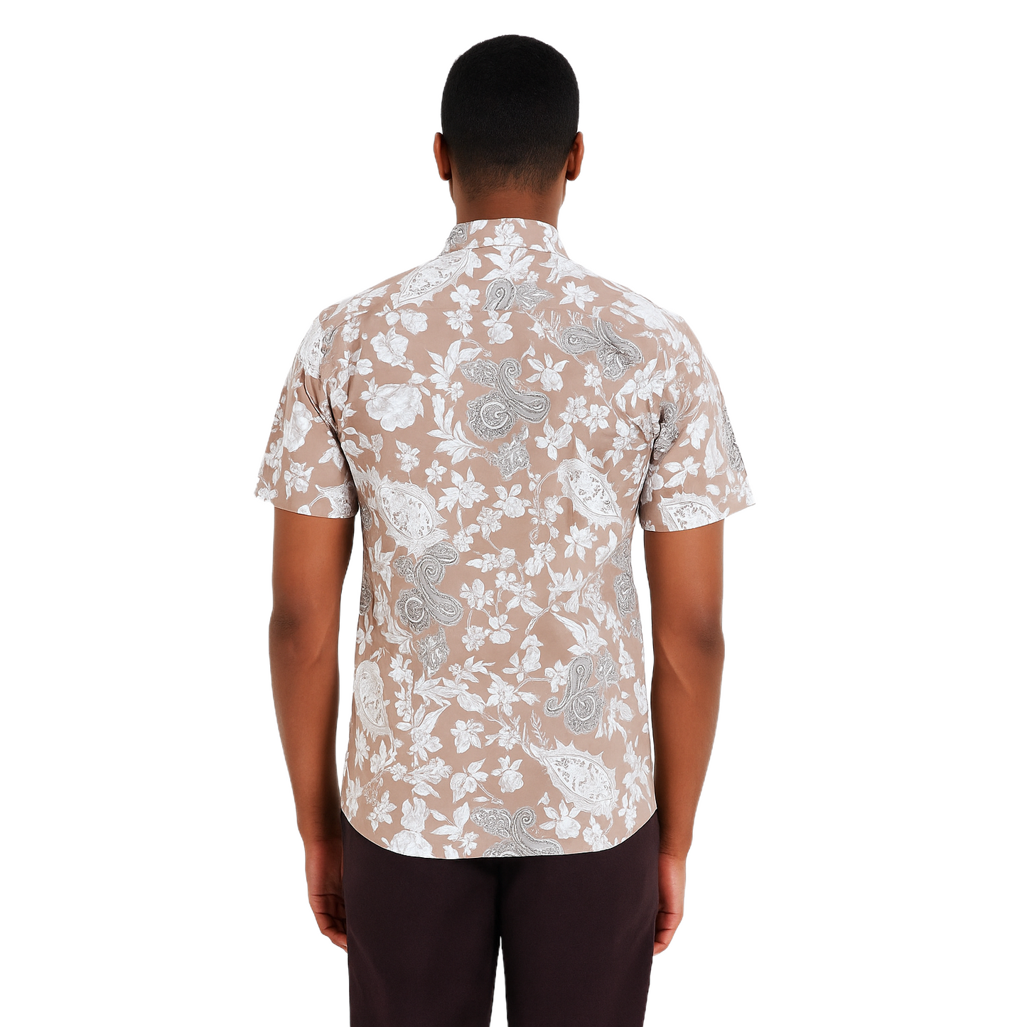Men's Brown Flowered Designed Short Sleeve Shirt – Slim Fit, Casual Wear.