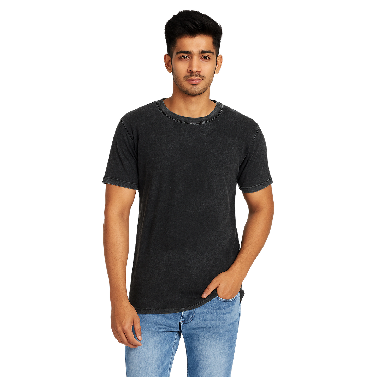 Men's Black Plain Oversized Downshoulder T-Shirt Without Collar – Classic Fit.