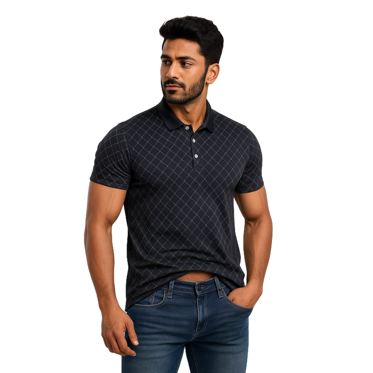 Men' Black Burbury Designed T-Shirt With Collar – Classic Fit.