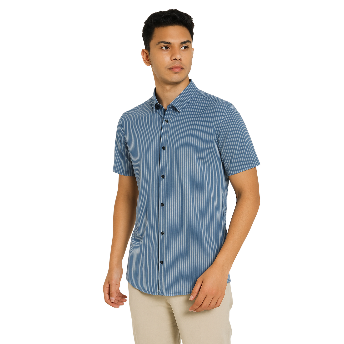 Men’s Navy Blue Striped Casual Shirt – Smart Short Sleeve Cotton Shirt