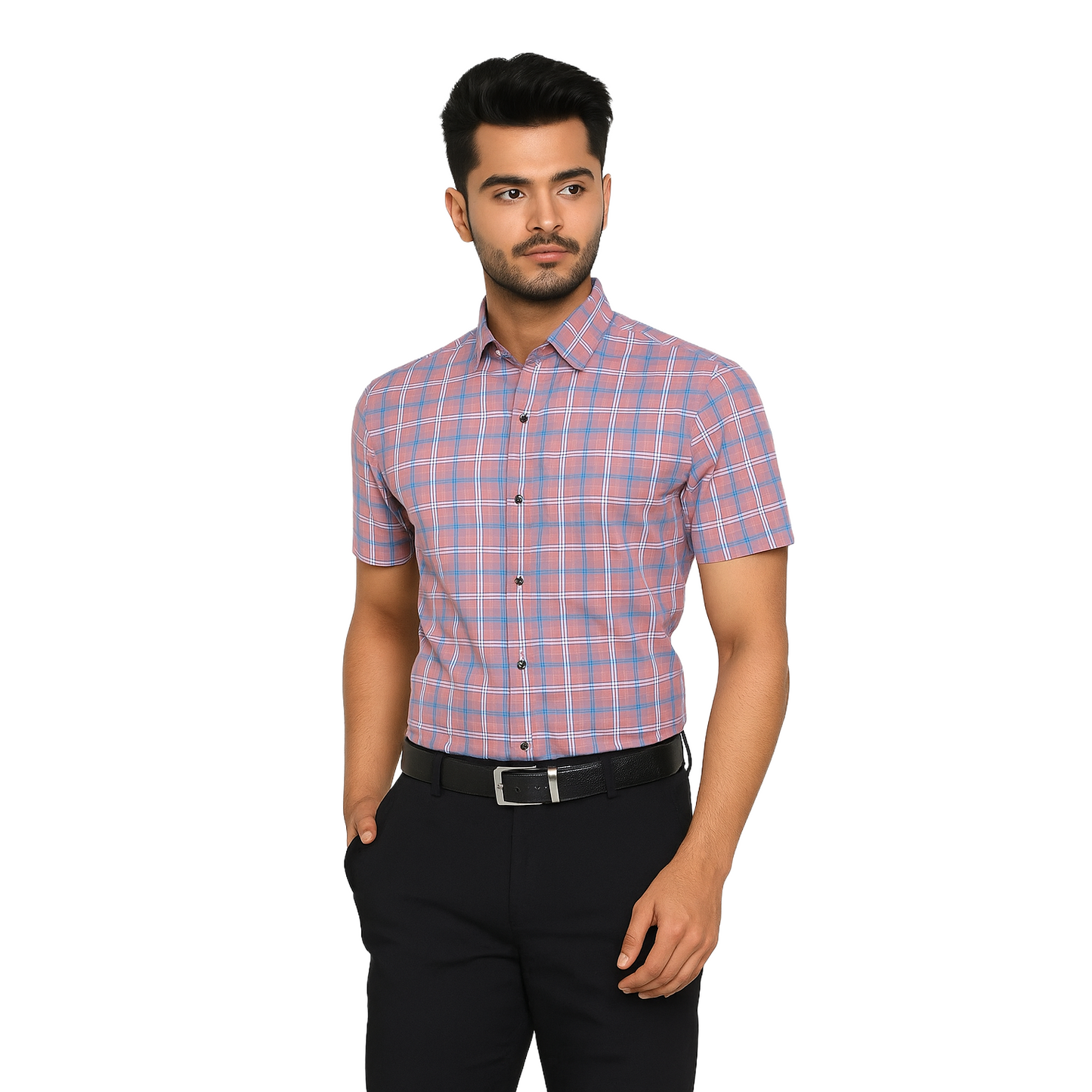 Men’s Slim Fit Short Sleeve Checkered Shirt – Pink & Blue Plaid Button.