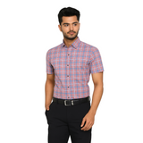 Men’s Slim Fit Short Sleeve Checkered Shirt – Pink & Blue Plaid Button.