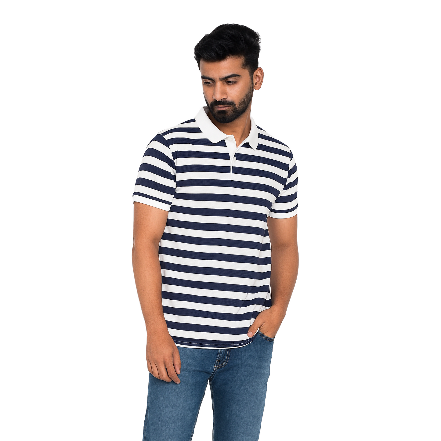Men’s Navy & White Striped Polo T-Shirt – Classic Cotton Polo for Everyday Style