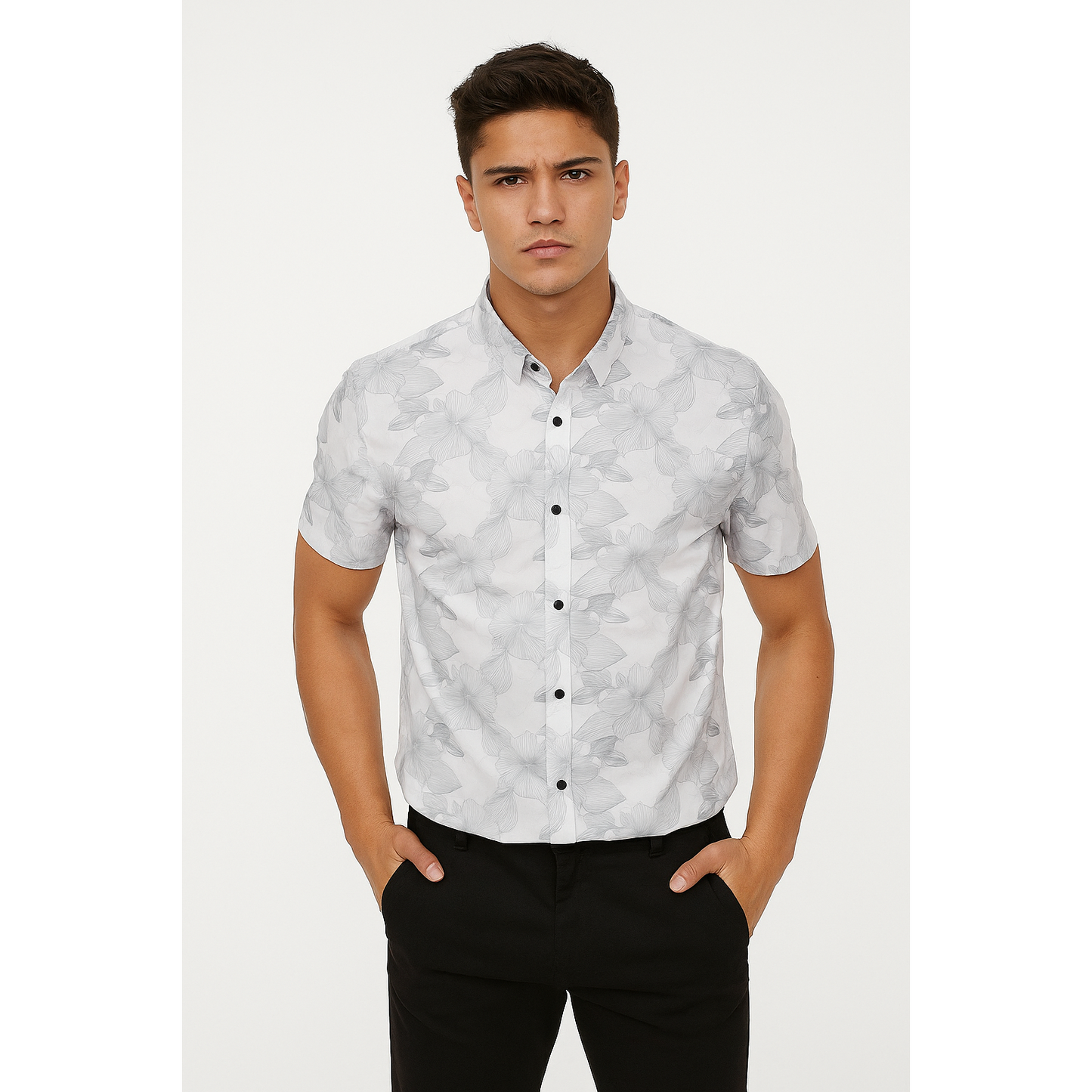 Men's White Flowered Designed Short Sleeve Shirt – Slim Fit, Casual Wear.