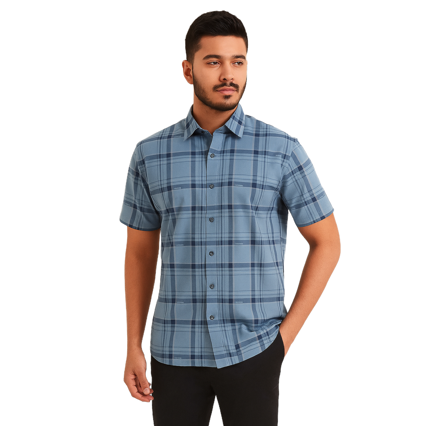 Men's Blue Checkered Short Sleeve Casual Shirt – Modern Fit.