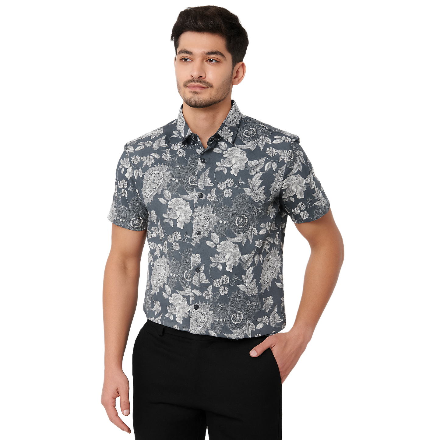 Men's Blue Flower Designed Short Sleeve Shirt – Slim Fit, Casual Wear.