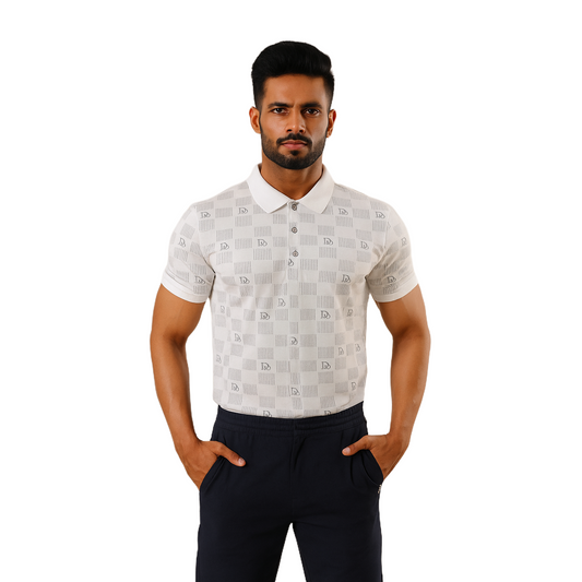 Men' White DIO Designed T-Shirt With Collar – Classic Fit.