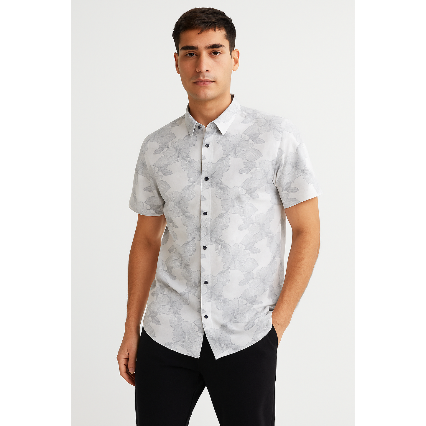Men's White Flowered Designed Short Sleeve Shirt – Slim Fit, Casual Wear.