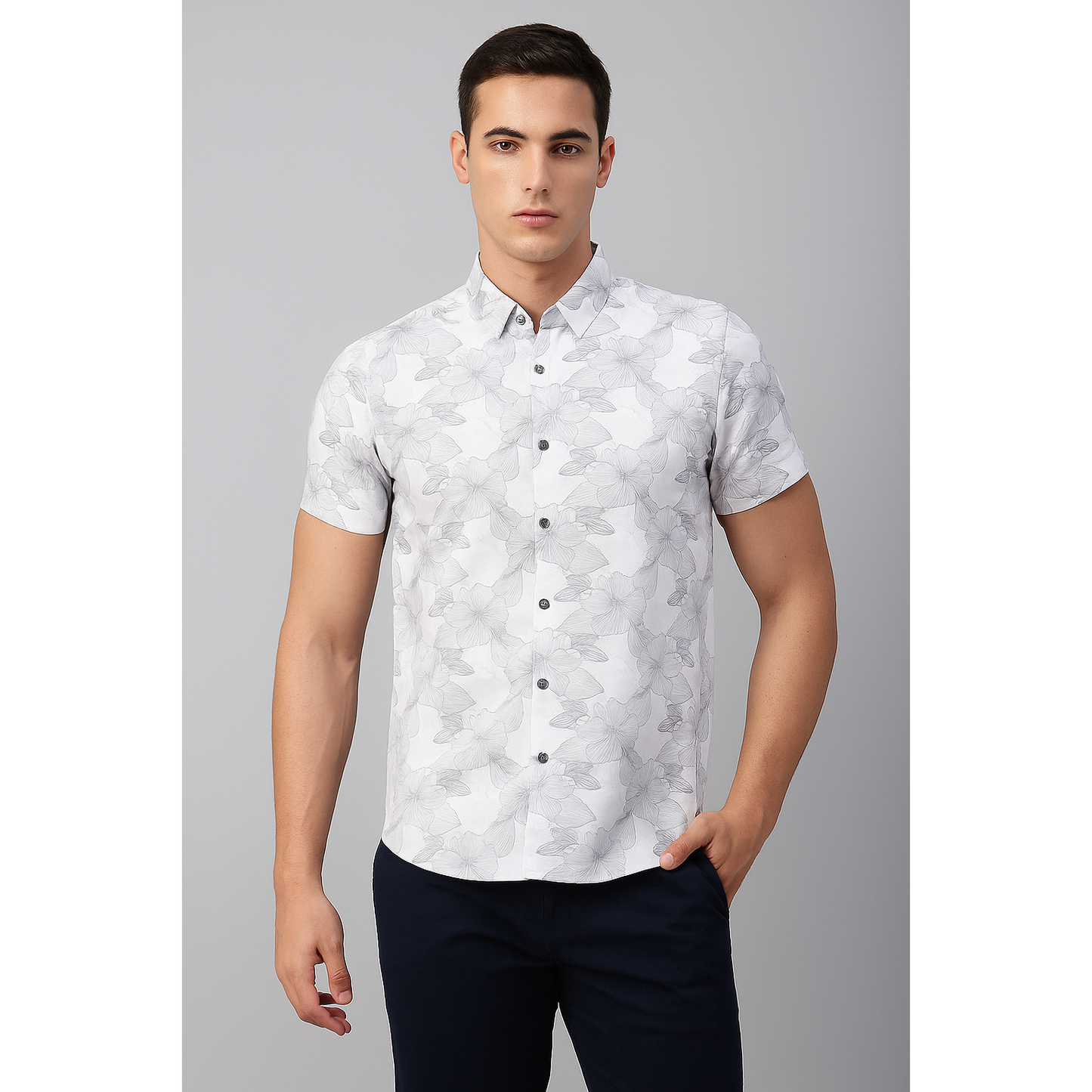 Men's White Flowered Designed Short Sleeve Shirt – Slim Fit, Casual Wear.