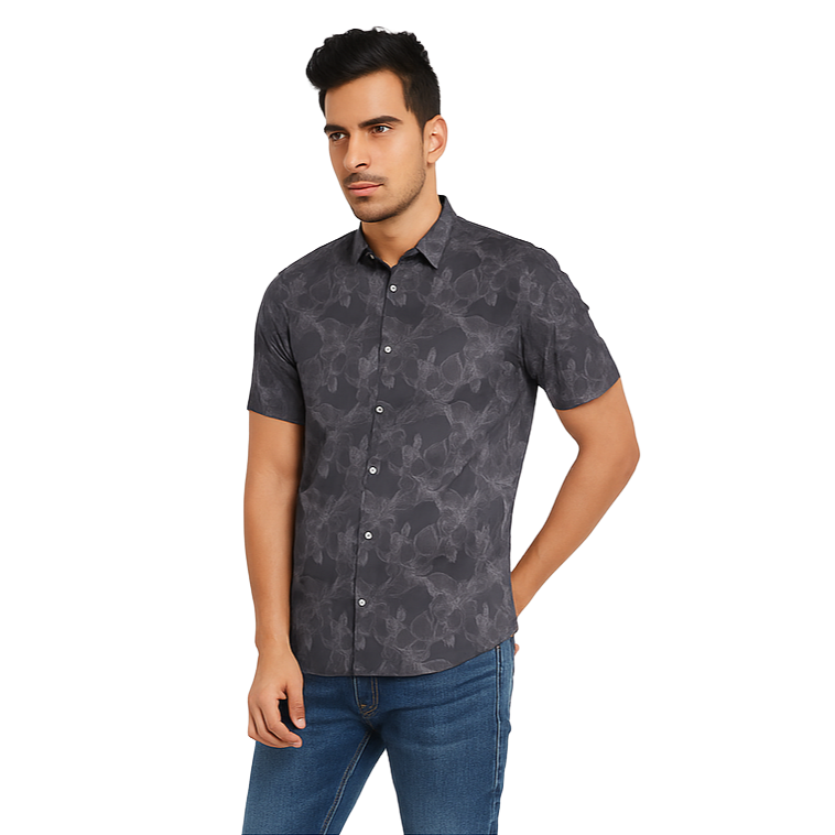 Men's Black Printed Short Sleeve Shirt – Slim Fit, Casual Wear.