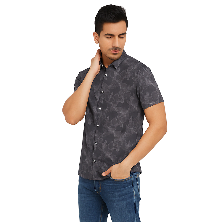 Men's Black Printed Short Sleeve Shirt – Slim Fit, Casual Wear.