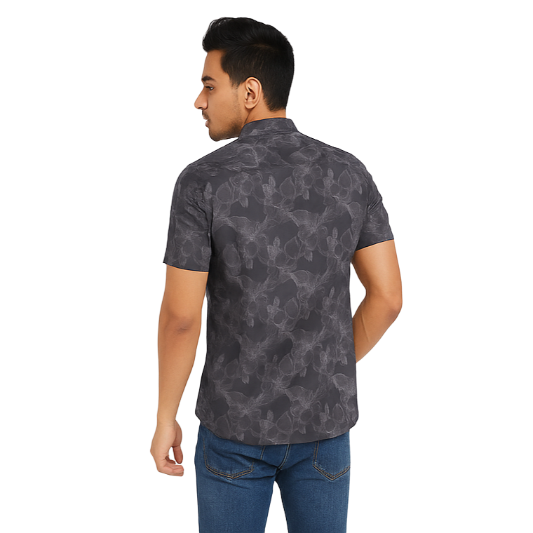 Men's Black Printed Short Sleeve Shirt – Slim Fit, Casual Wear.