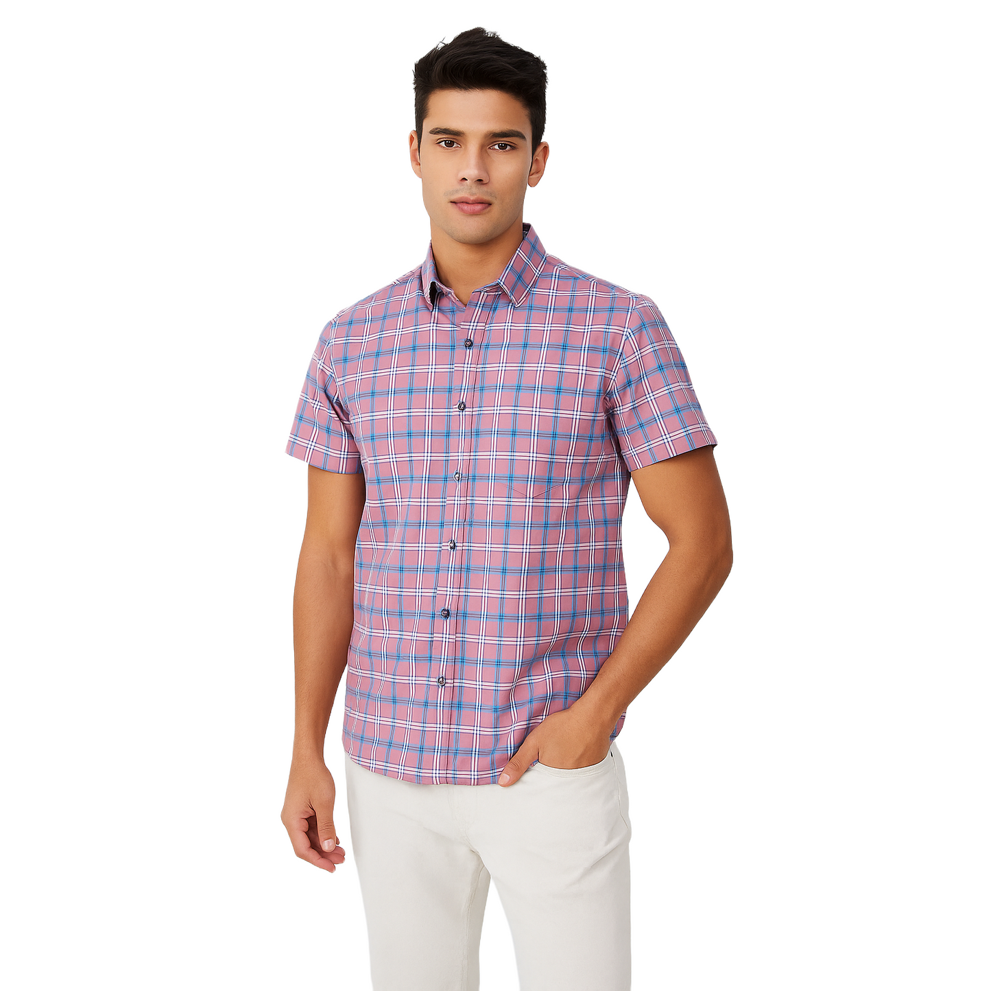 Men’s Slim Fit Short Sleeve Checkered Shirt – Pink & Blue Plaid Button.