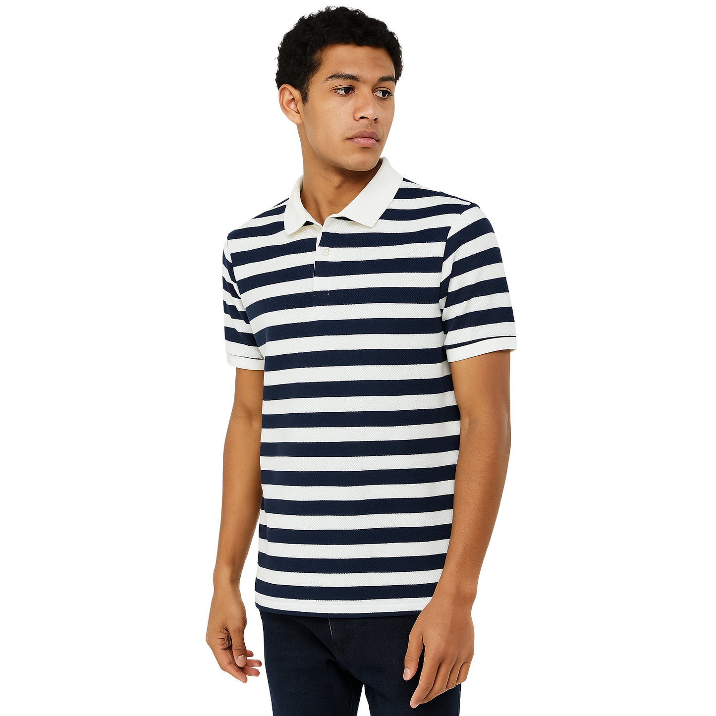 Men’s Navy & White Striped Polo T-Shirt – Classic Cotton Polo for Everyday Style