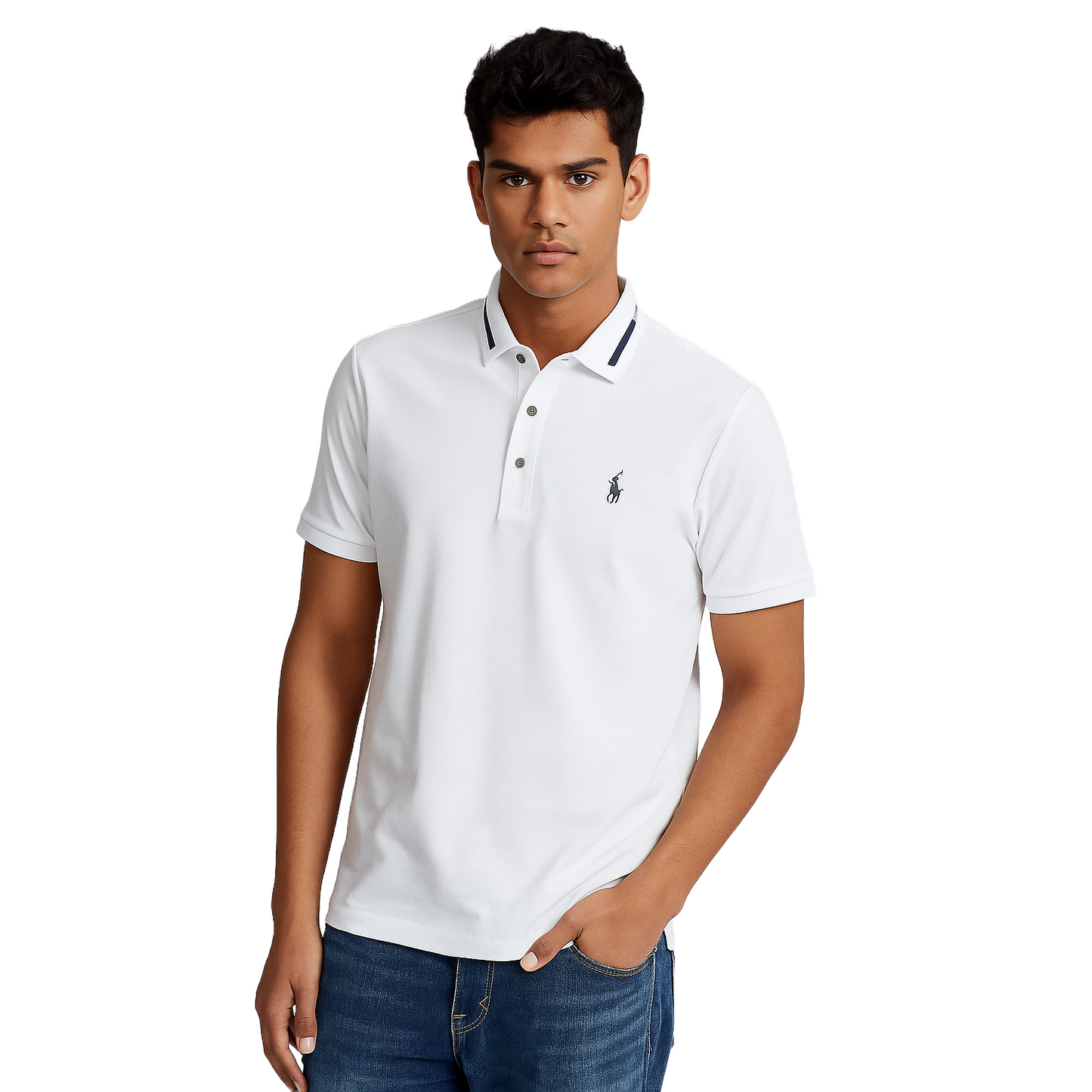 Men's Classic White Polo T-Shirt – Slim Fit & Striped Collar