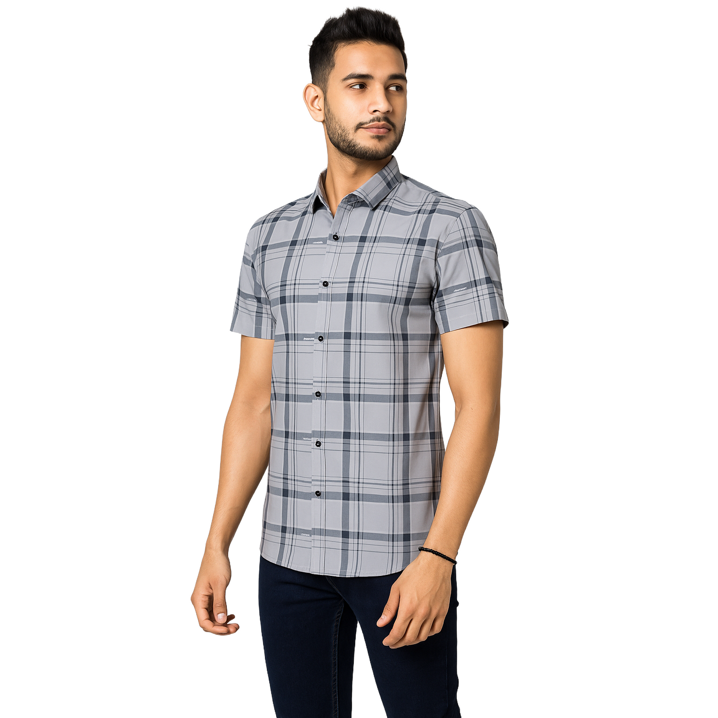 Men's Grey Checkered Short Sleeve Shirt – Slim Fit, Casual Wear.